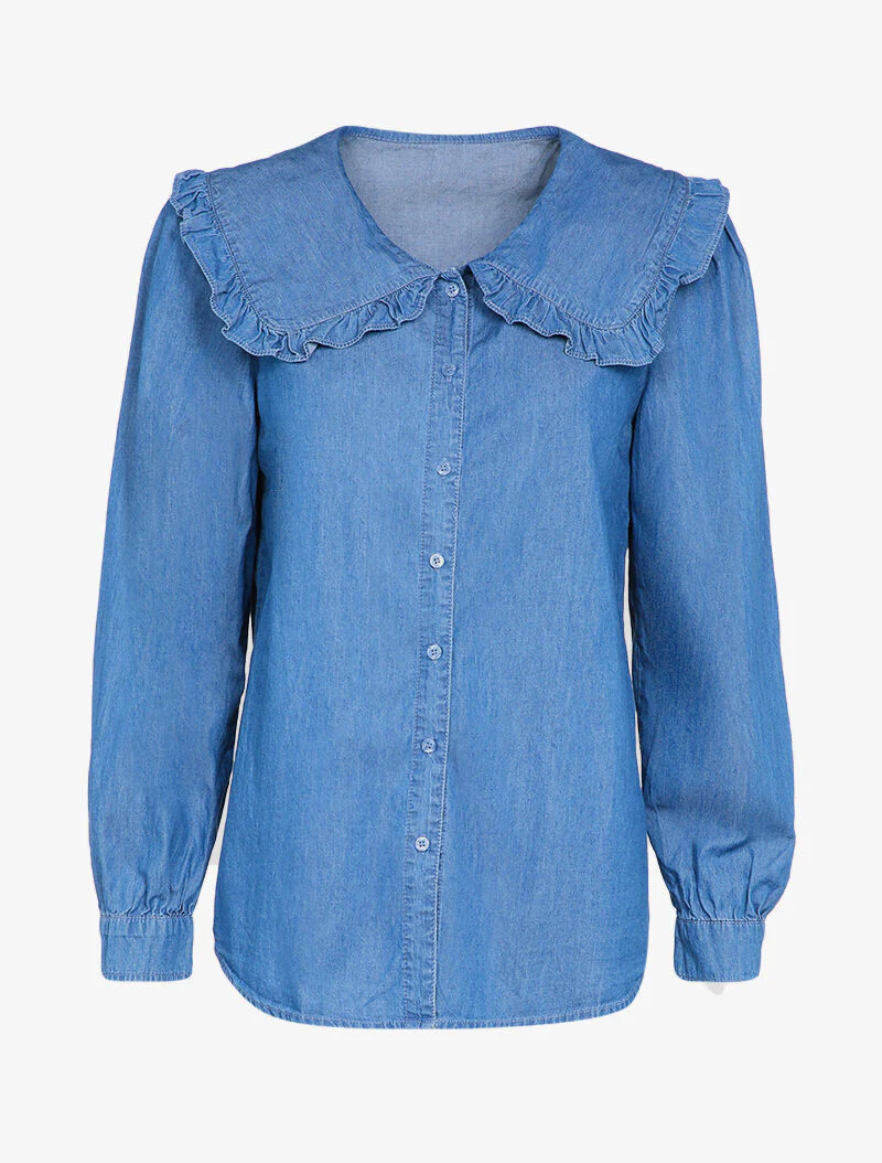 Chemise en jean à col claudine volanté - Bleu denim