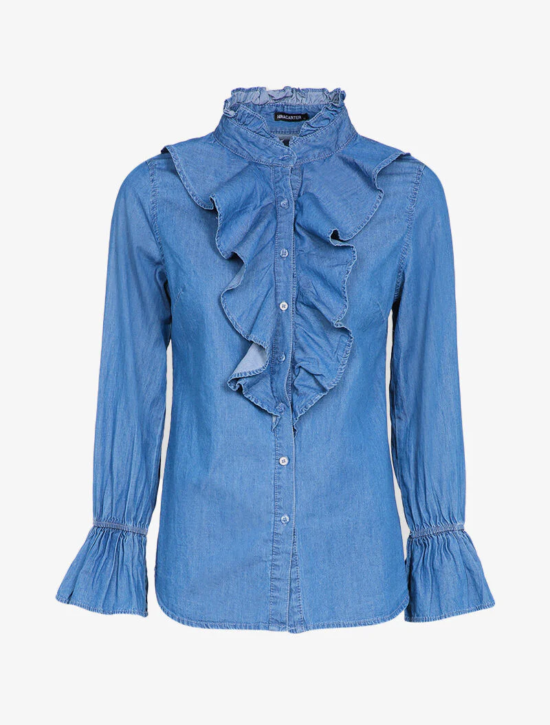 Chemise en jean à pans volantés - Bleu denim