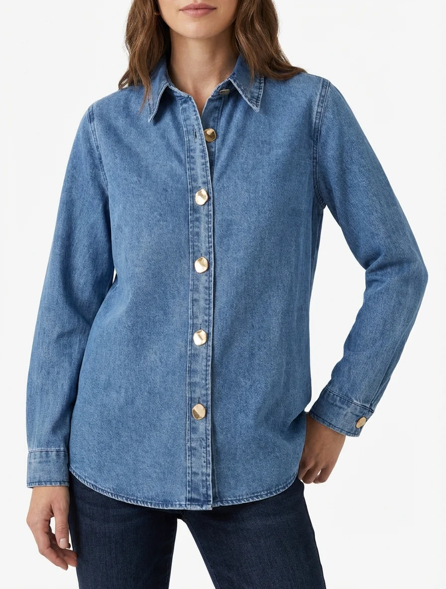 Chemise en jean droite à boutons stylisés - Bleu - Image 4