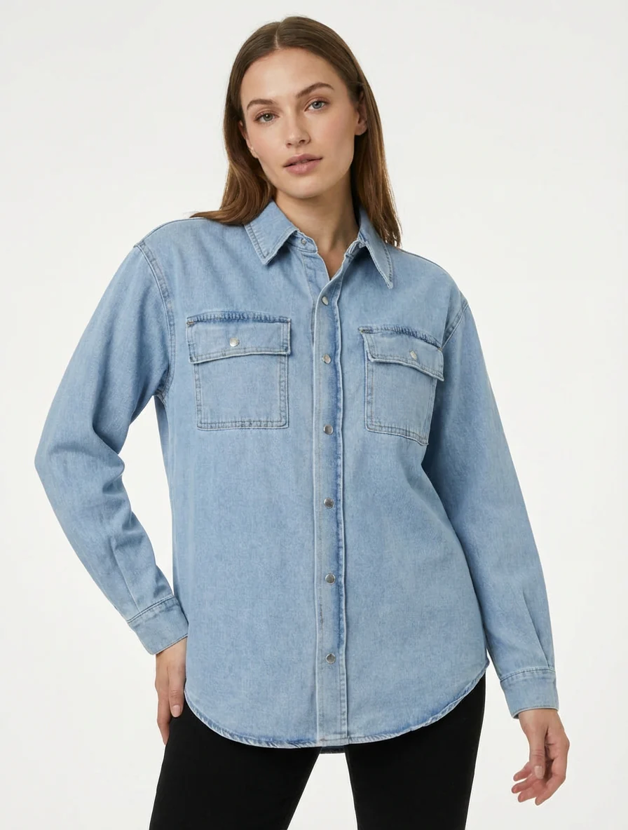 Chemise en jean droite à manches longues - Bleu - Image 4