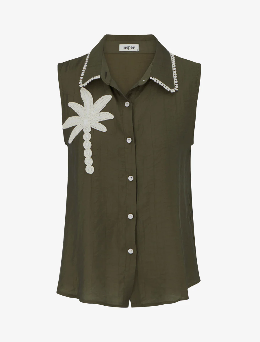 Chemise sans manches à broderie palmier - Kaki