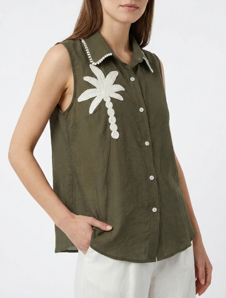 Chemise sans manches à broderie palmier - Kaki - Image 4