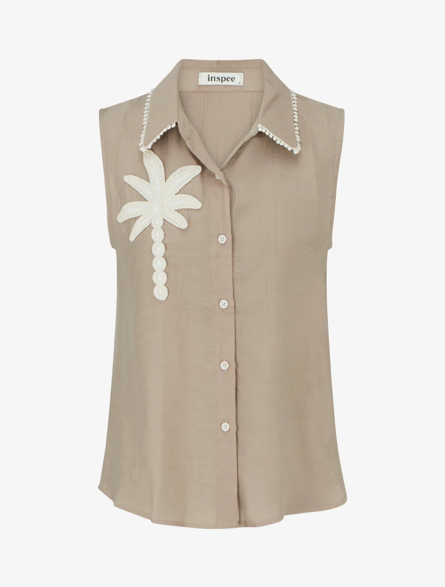 Chemise sans manches à broderie palmier - Taupe clair