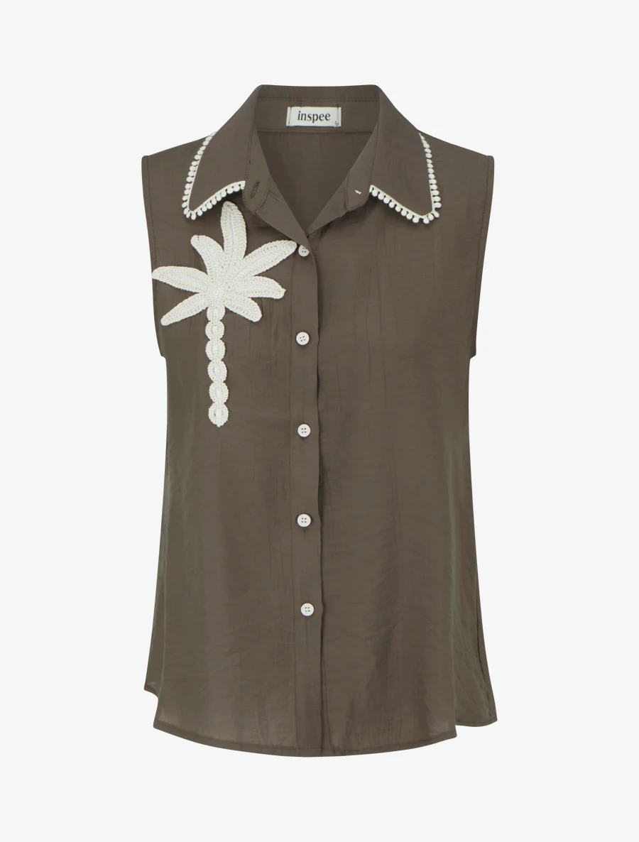 Chemise sans manches à broderie palmier - Marron