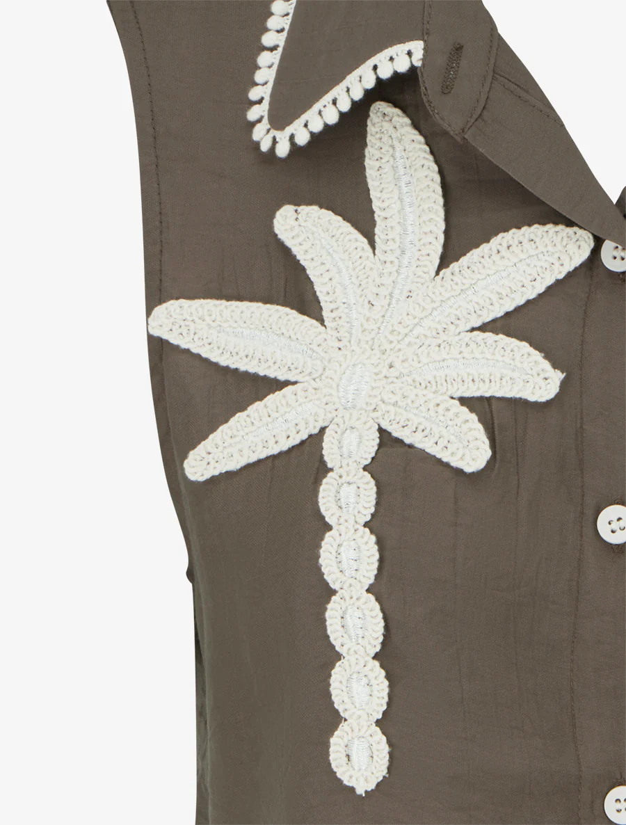 Chemise sans manches à broderie palmier - Marron - Image 3
