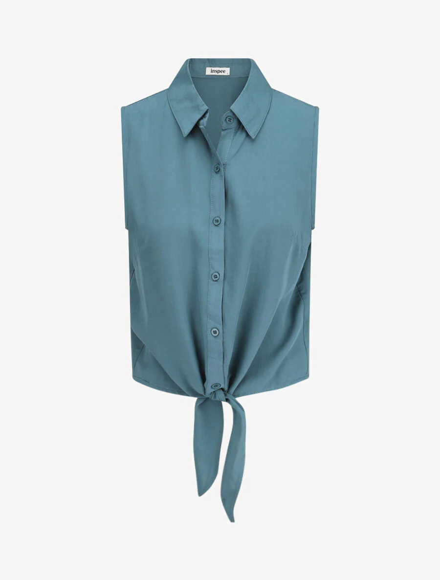 Chemise unie boutonnée à nouer - Bleu canard
