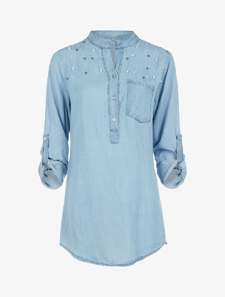 Chemisier buste perlé - denim clair
