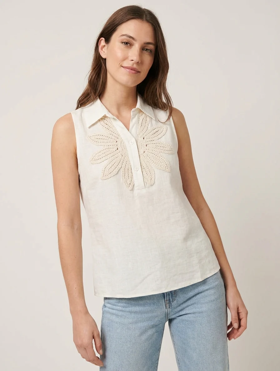 Chemisier sans manches à broderie floral - Écru - Image 4