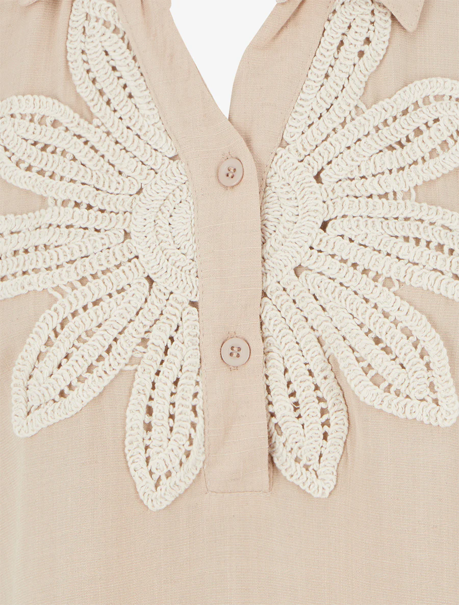 Chemisier sans manches à broderie floral - Beige - Image 3