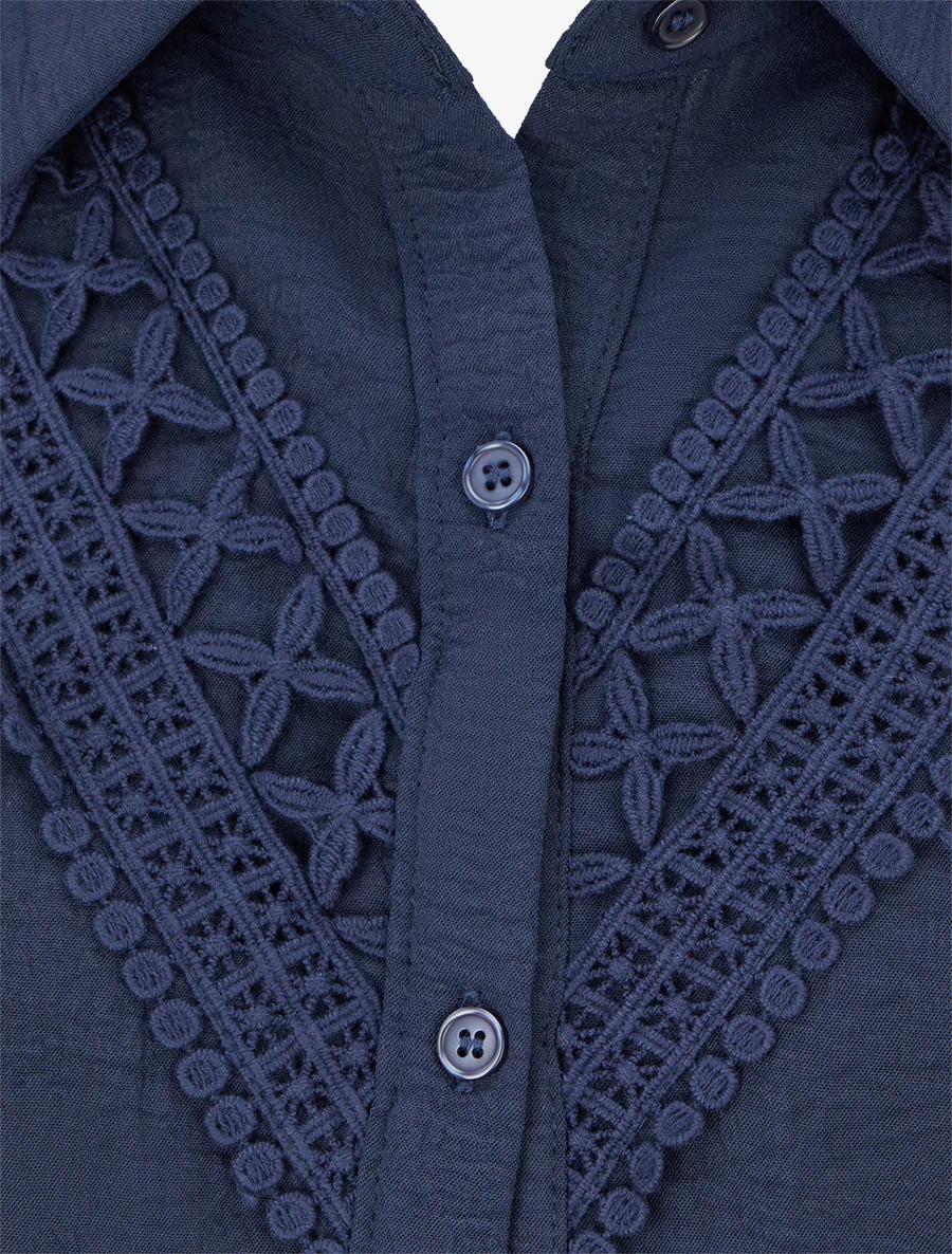 Chemisier unie à broderies - Marine - Image 3