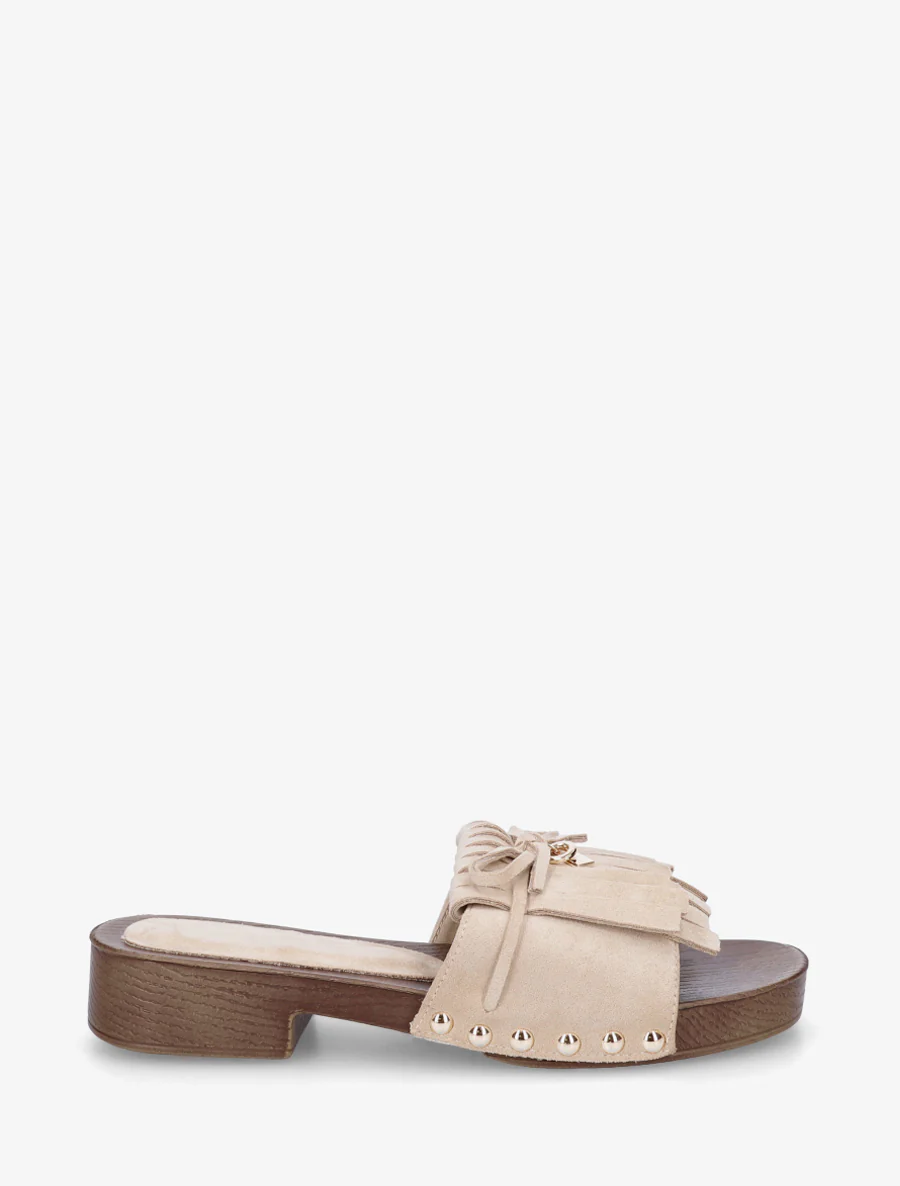 Claquettes en suédine à franges - Beige