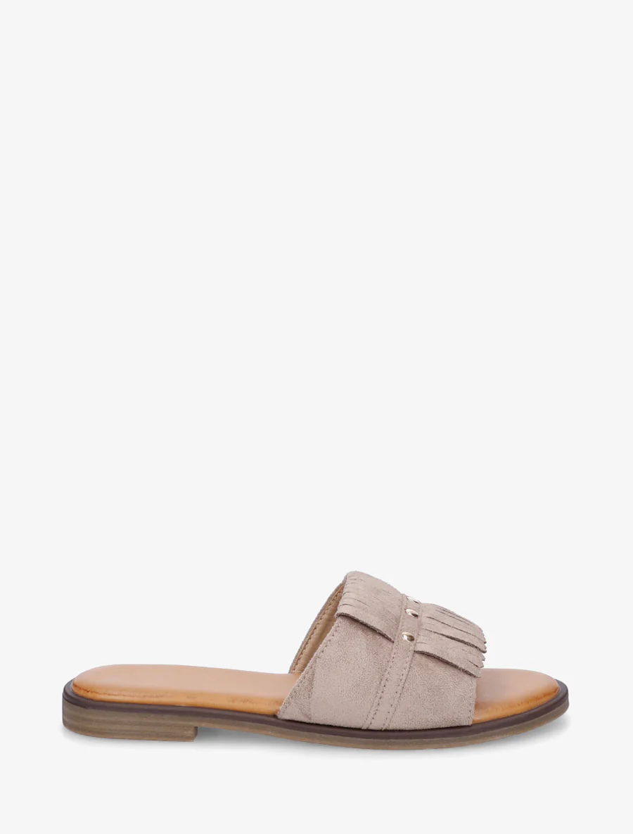 Claquettes en suédine à franges - Taupe