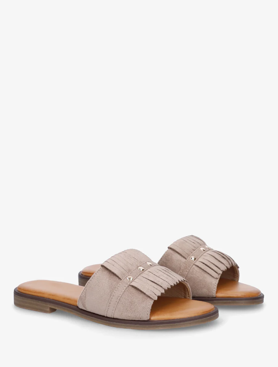 Claquettes en suédine à franges - Taupe - Image 4