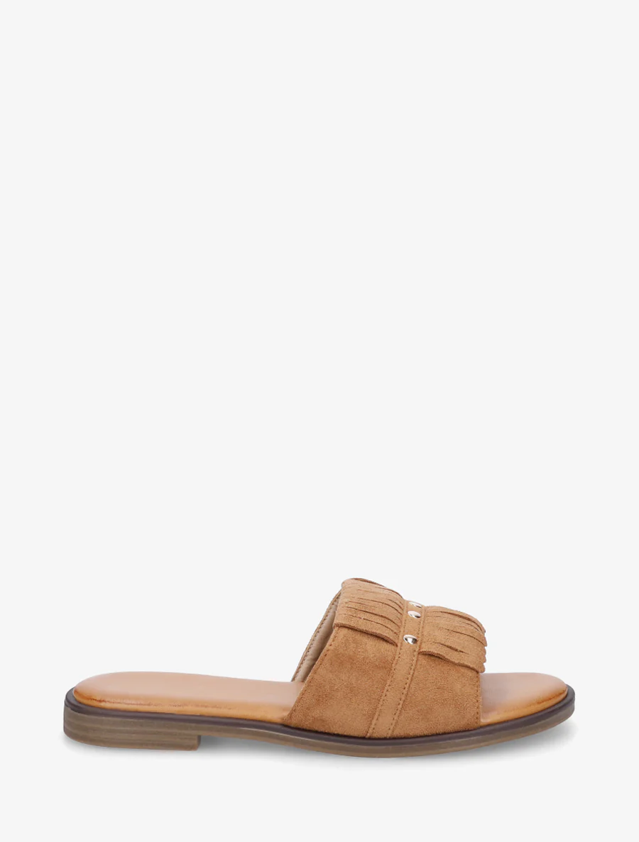 Claquettes en suédine à franges - Camel