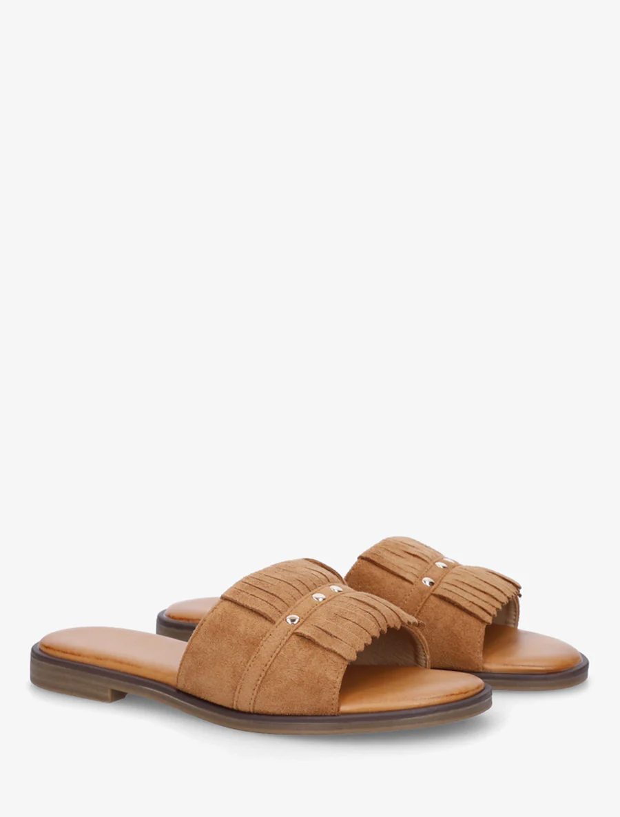 Claquettes en suédine à franges - Camel - Image 4