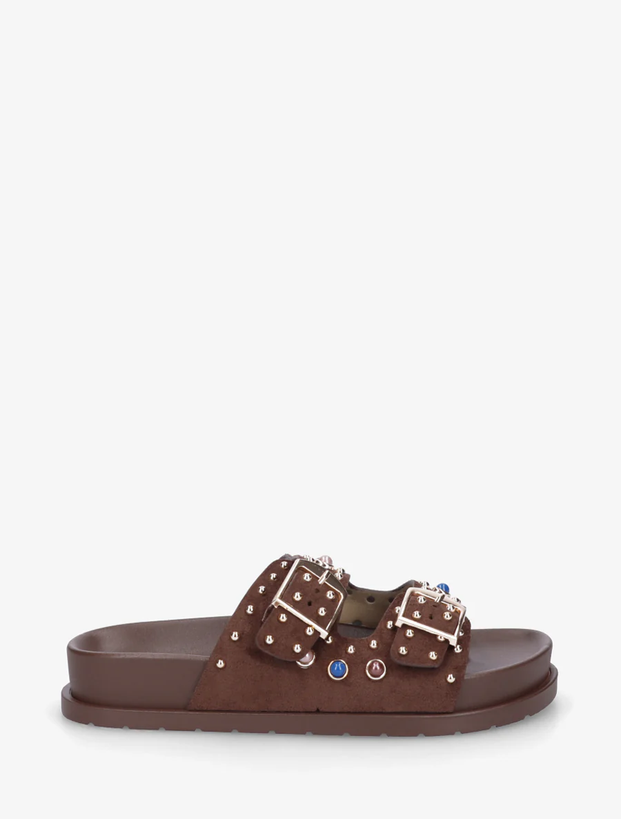 Claquettes en suédine à perles et clous - Marron
