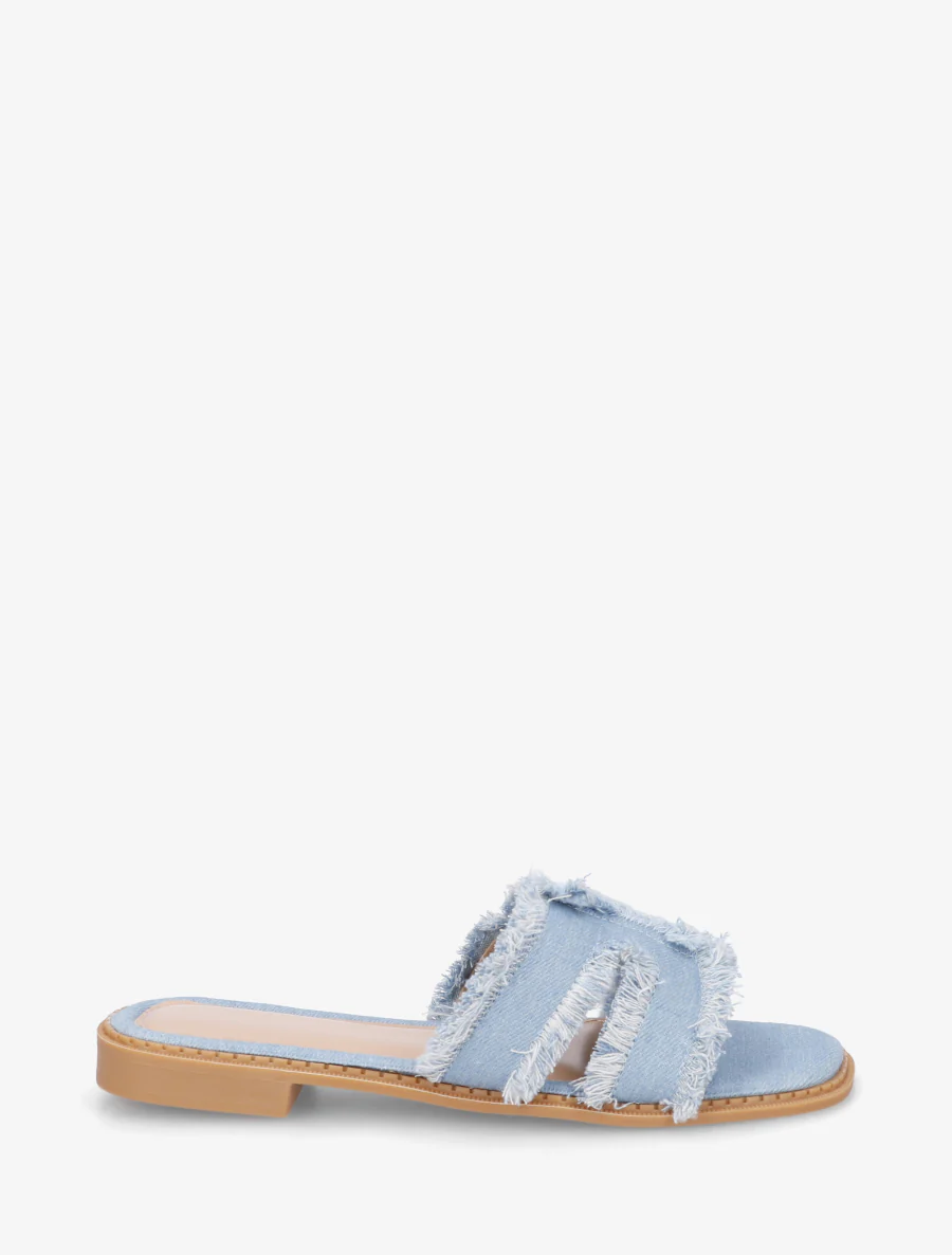 Claquettes en tissu effet effiloché - Bleu denim