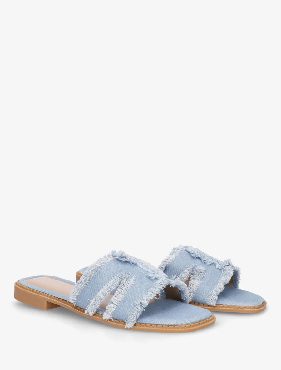 Claquettes en tissu effet effiloché - Bleu denim - Image 4