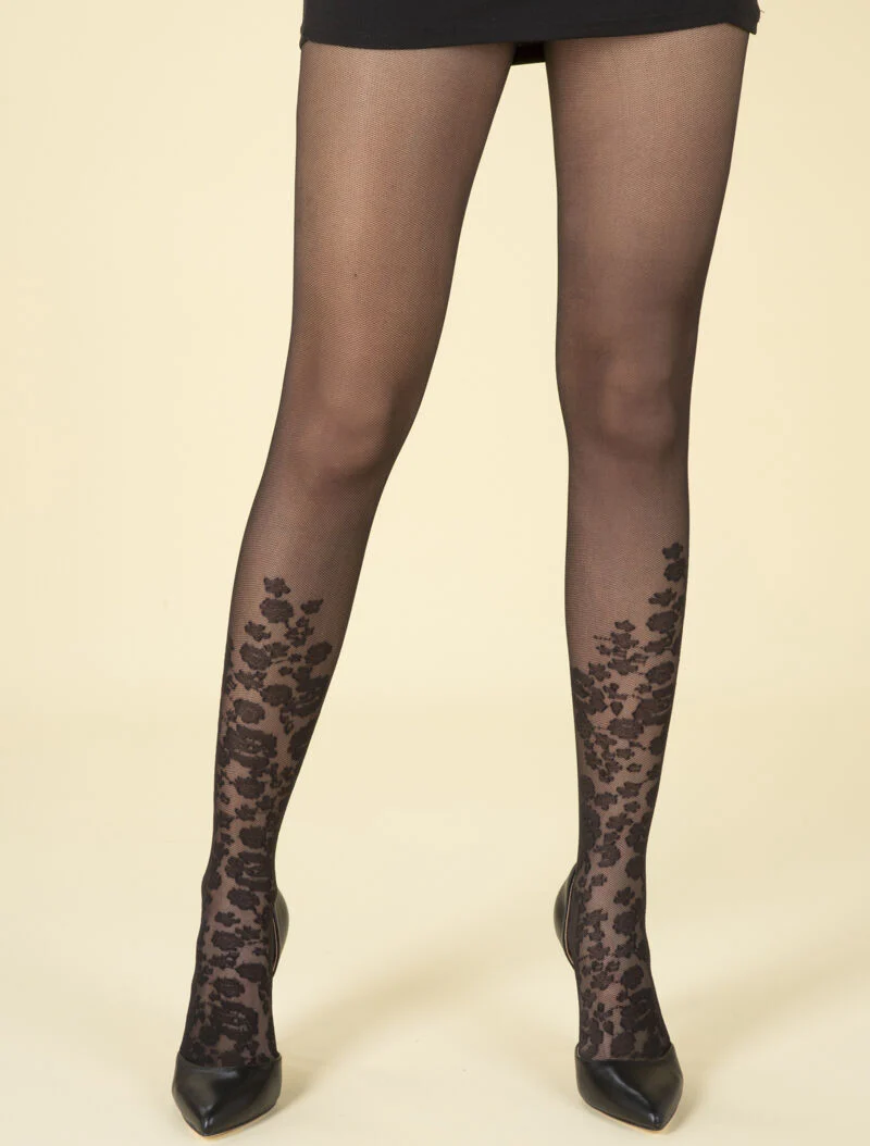 Collants à pieds motifs fleuri - noir