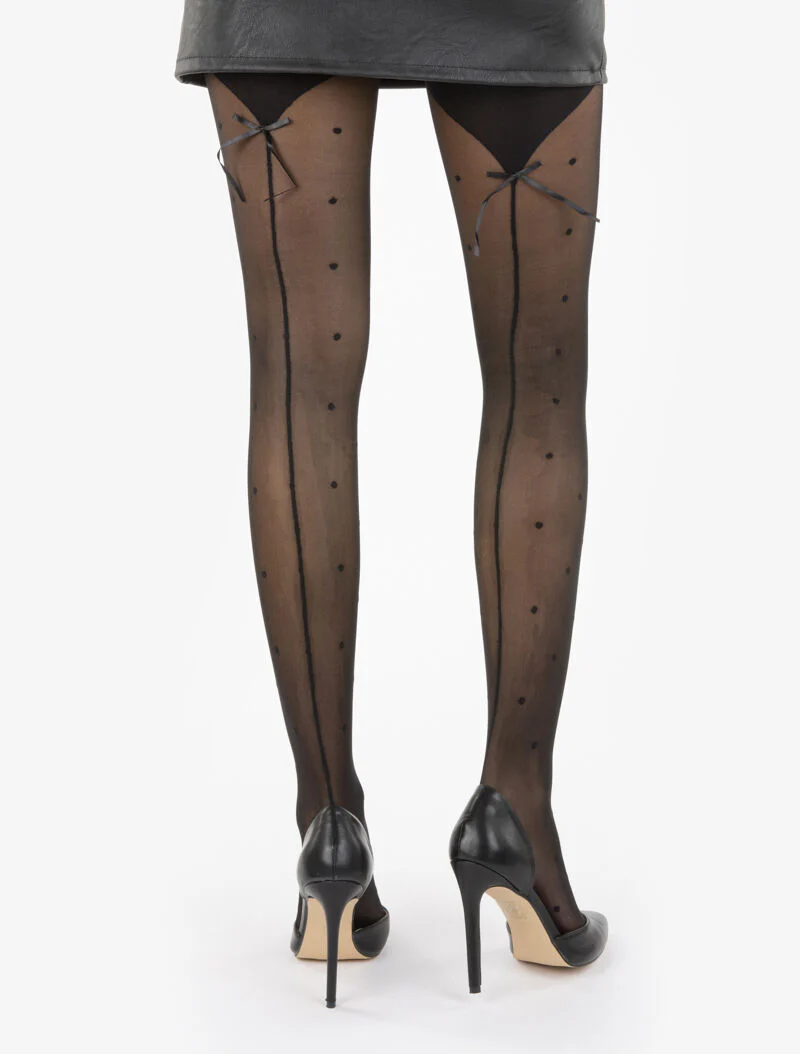 Collants effet bas ornés d'un noeud - noir