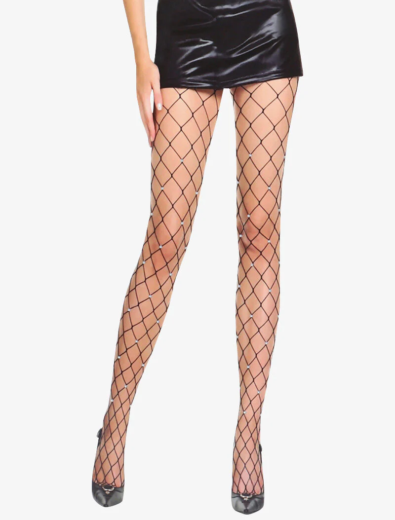 Collants en grosse résille ornée de strass - noir