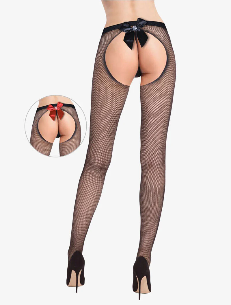 Collants ouverts à gros noeud strassé - noir