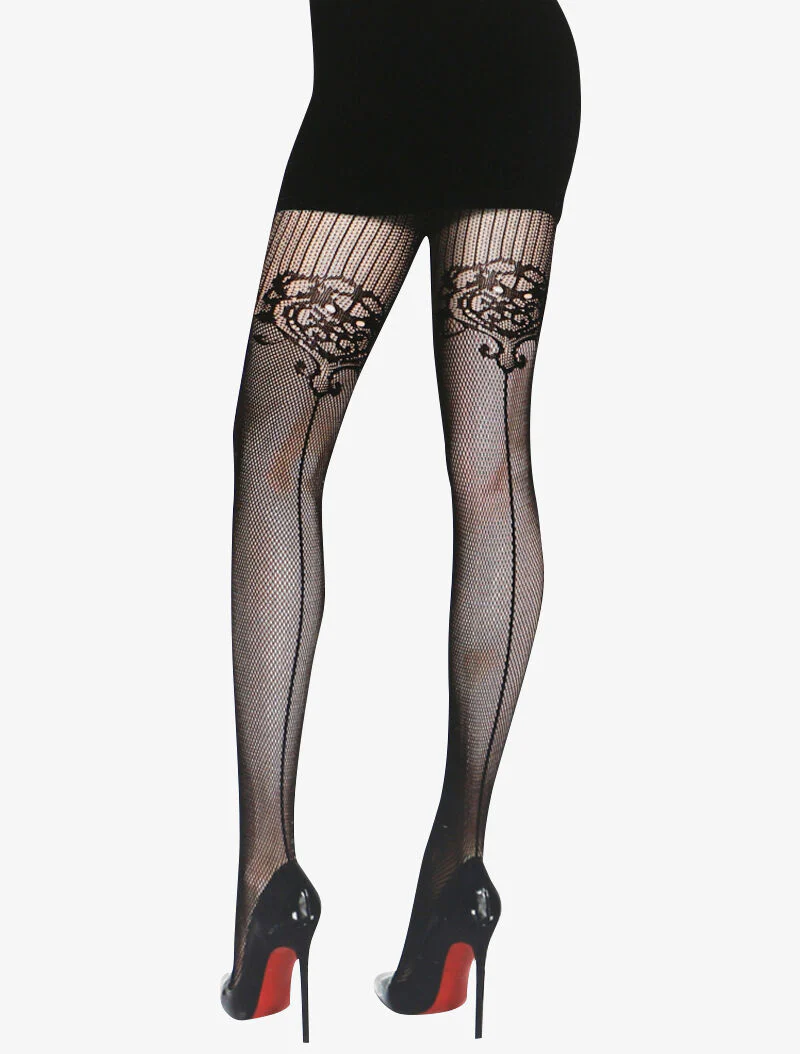 Collants résille à imprimé baroque - noir
