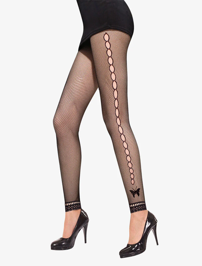 Collants sans pieds ajourés à détails papillons - noir