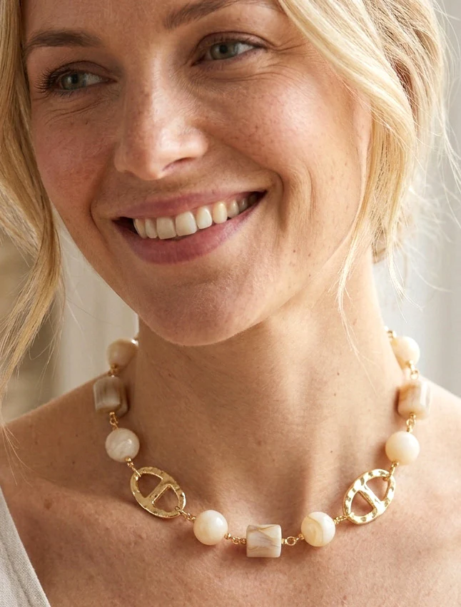 Collier à perles et maillons ovales - Or/beige