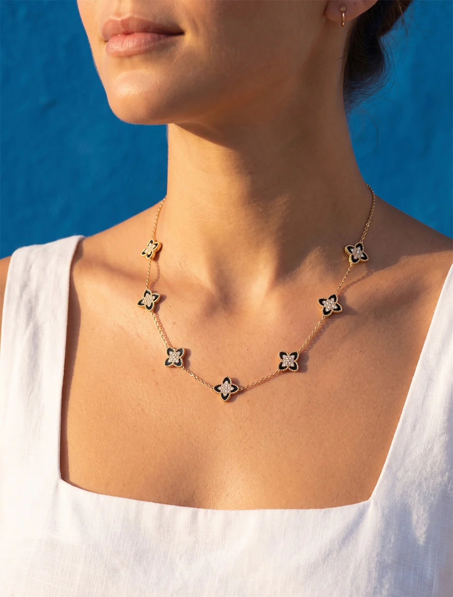 Collier à trèfles ornés de zircons blancs - Or/noir