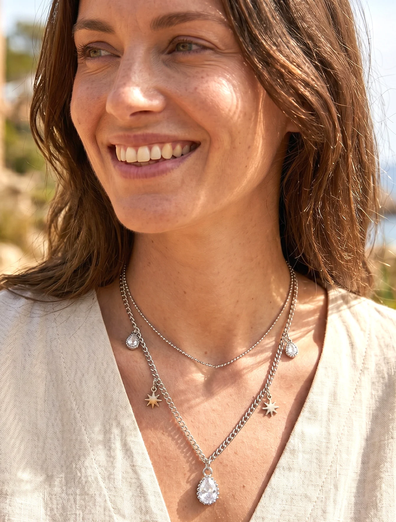 Collier double rangs à zircons et étoiles - Argent