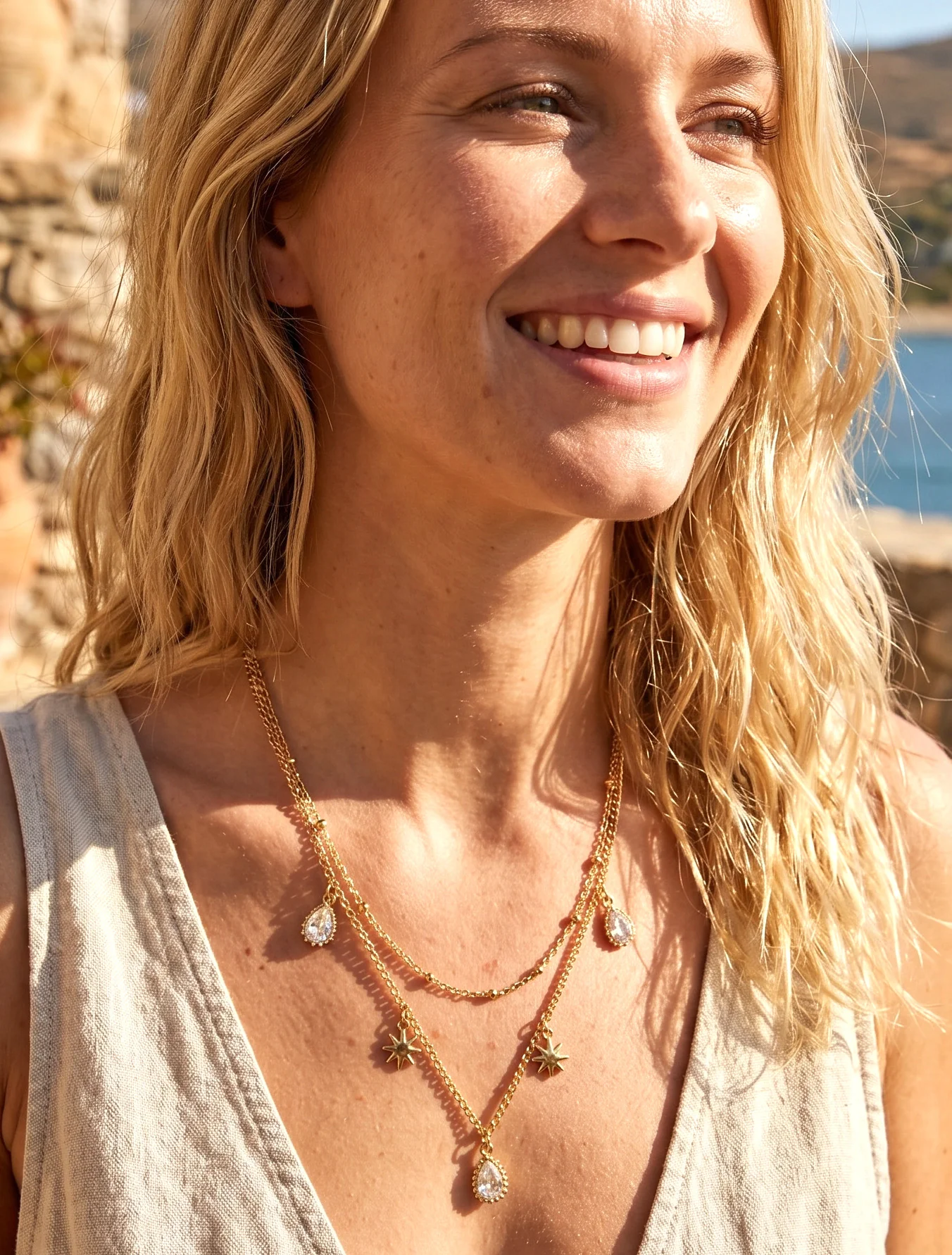 Collier double rangs à zircons et étoiles - Or