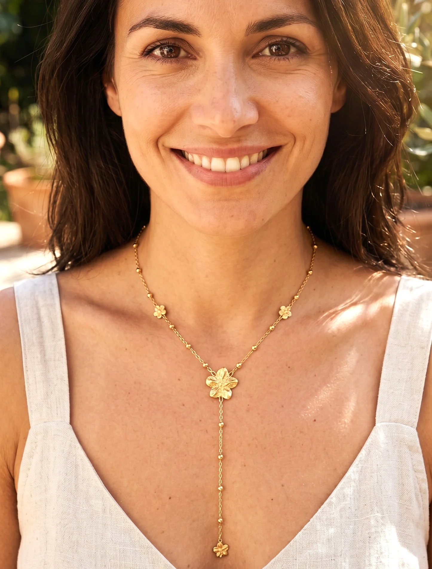 Collier en Y à bille et fleurs - Or
