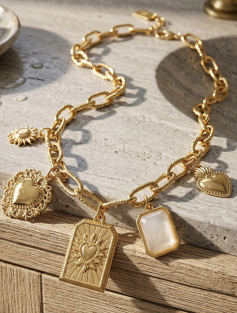 Collier fantaisie à motif marins et coeur - Beige