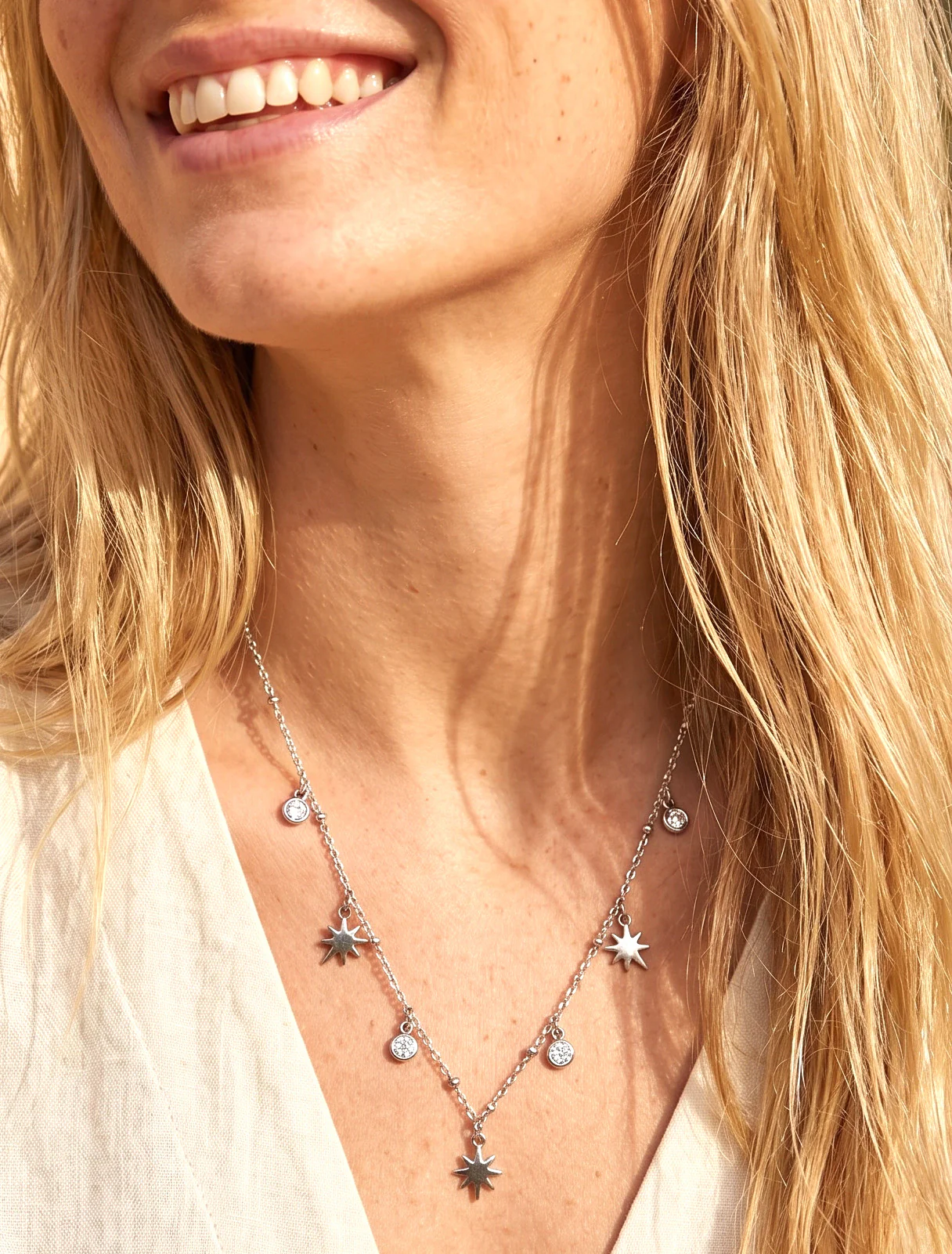 Collier fin à étoiles et strass - Argent