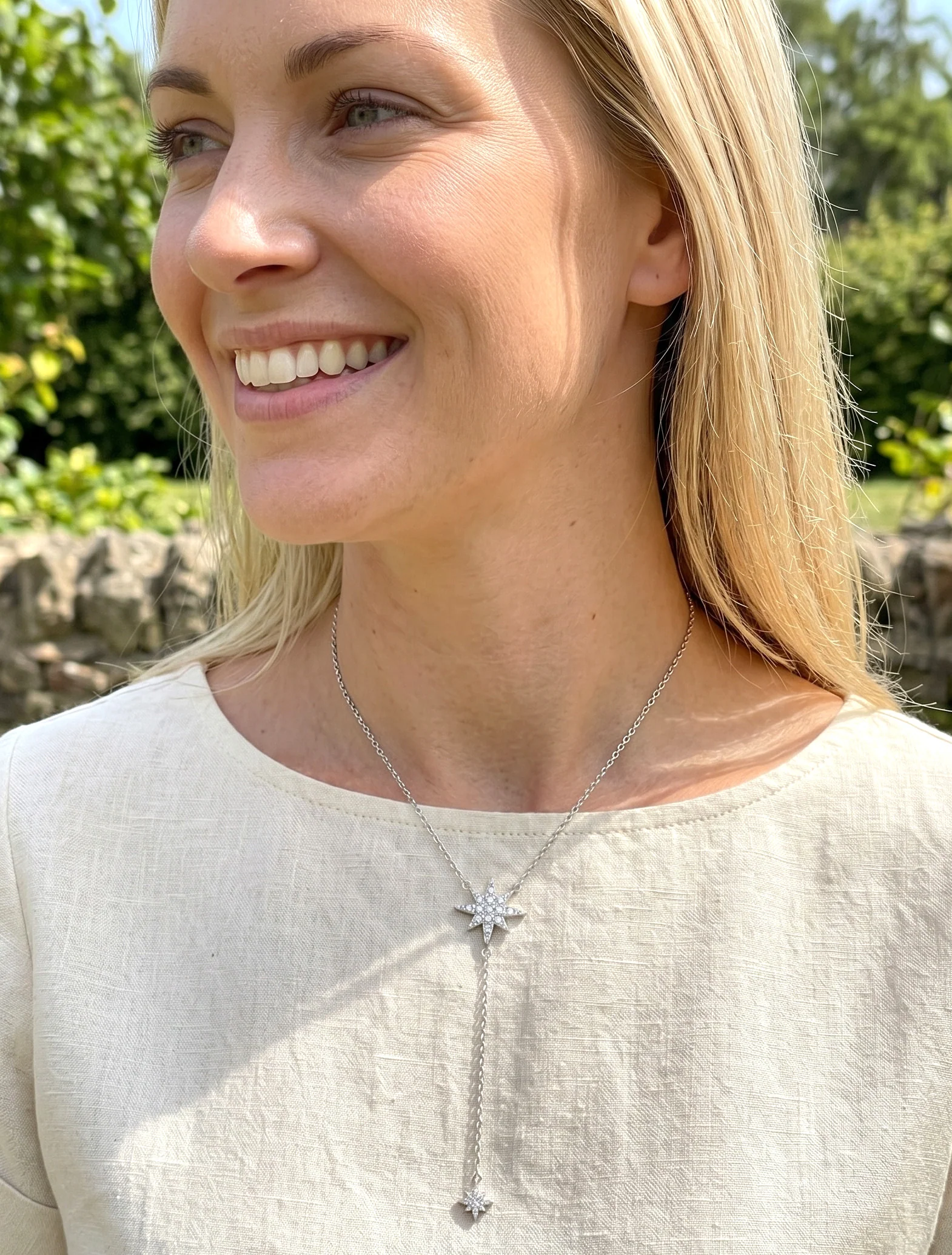 Collier fin en Y à étoiles strassées - Argent