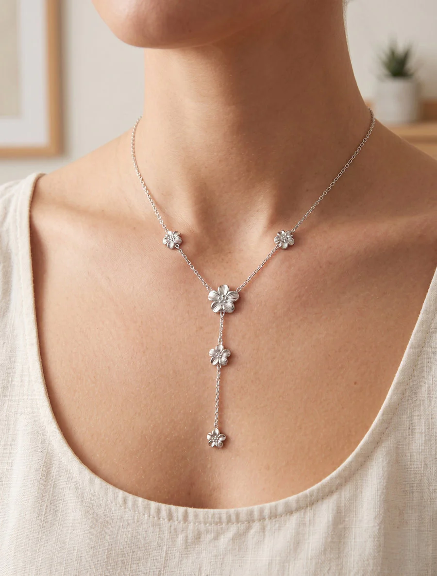 Collier fin en Y à fleurs - Argent