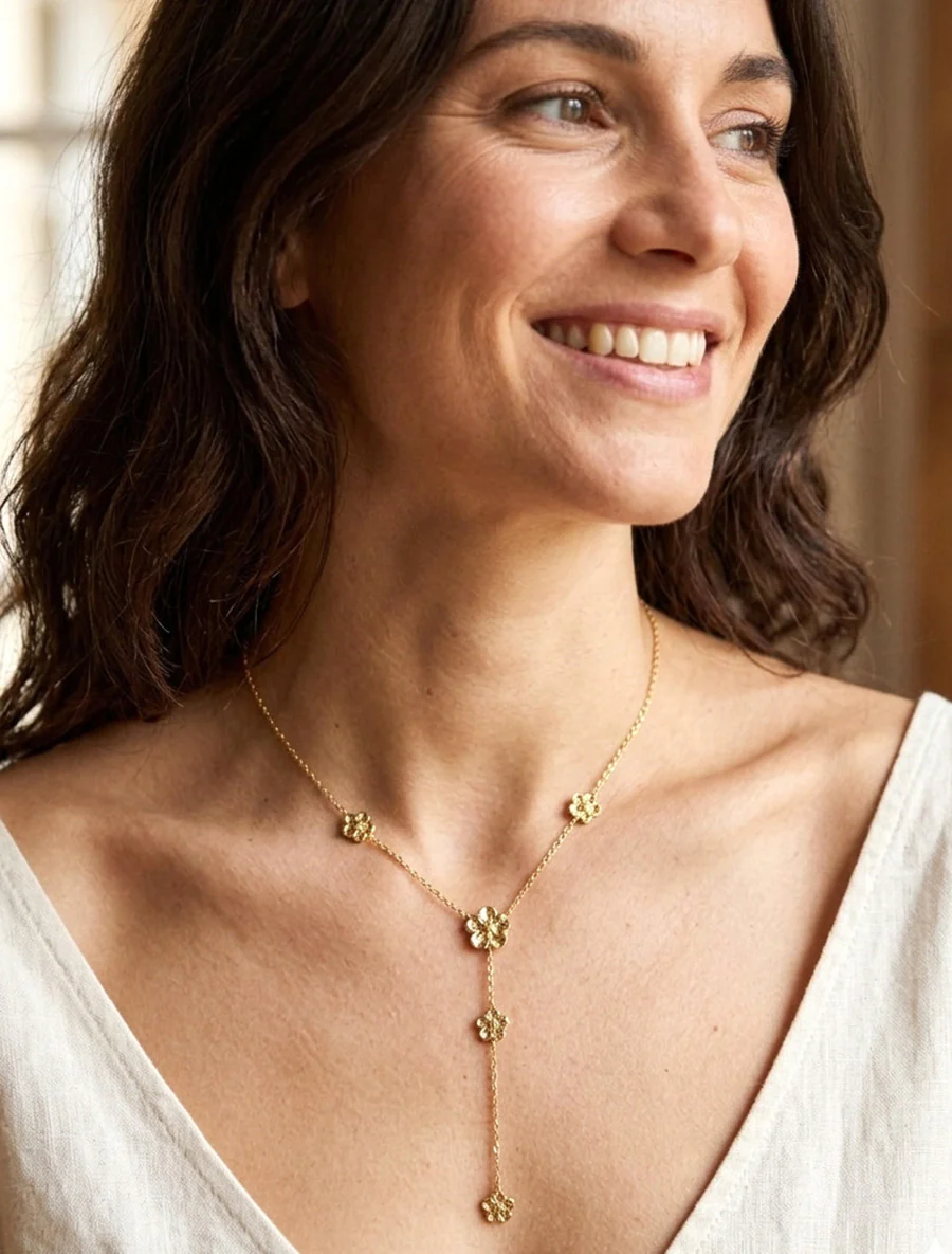Collier fin en Y à fleurs - Or