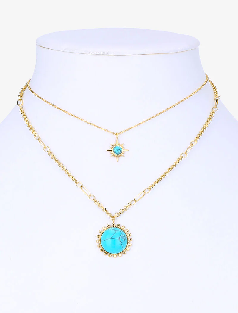Collier multirang à soleils stylisés marbrés - or/turquoise