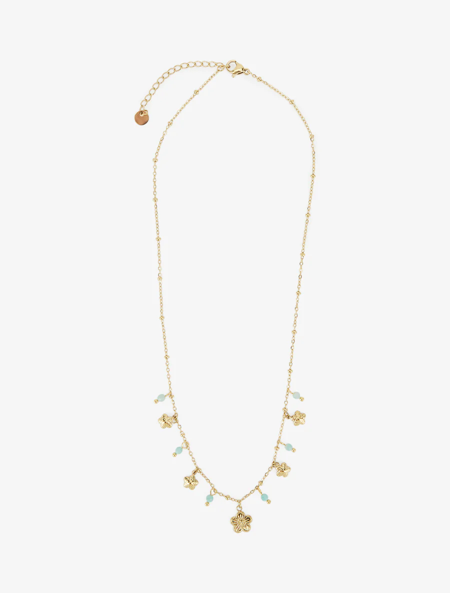 Collier petites fleurs et pierres - Or/vert d'eau - Image 2