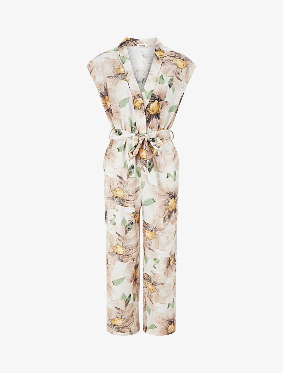 Combinaison à col cache-coeur imprimé floral - Beige