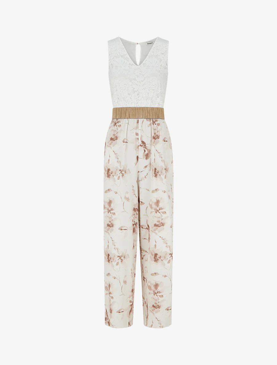 Combinaison à dentelle et imprimé floral - Beige