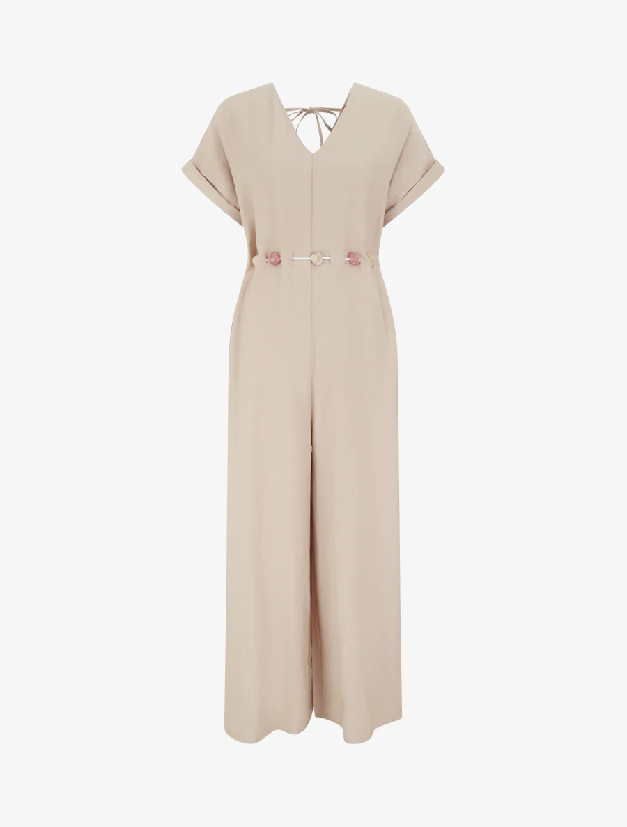 Combinaison ample à manches courtes et ceinture perlée - Beige