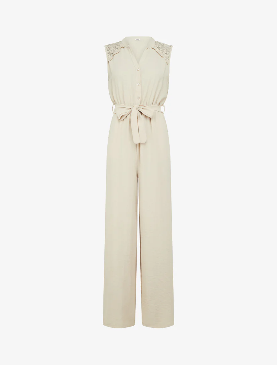 Combinaison boutonnée à épaules en dentelle - Beige