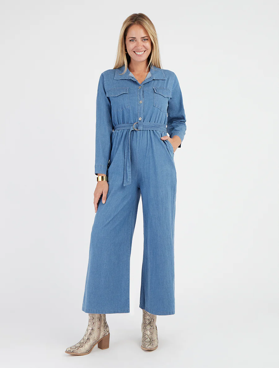 Combinaison en denim à taille élastiquée - Bleu clair - Image 4