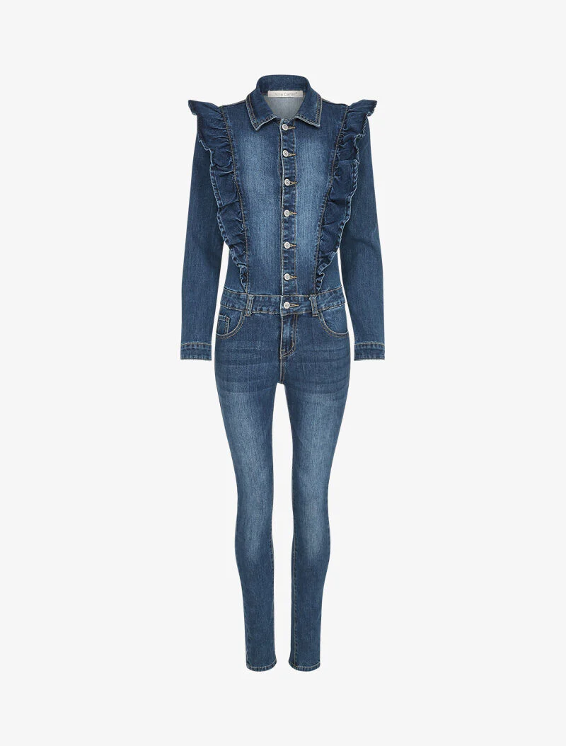 Combinaison en jean à buste volanté - Bleu denim