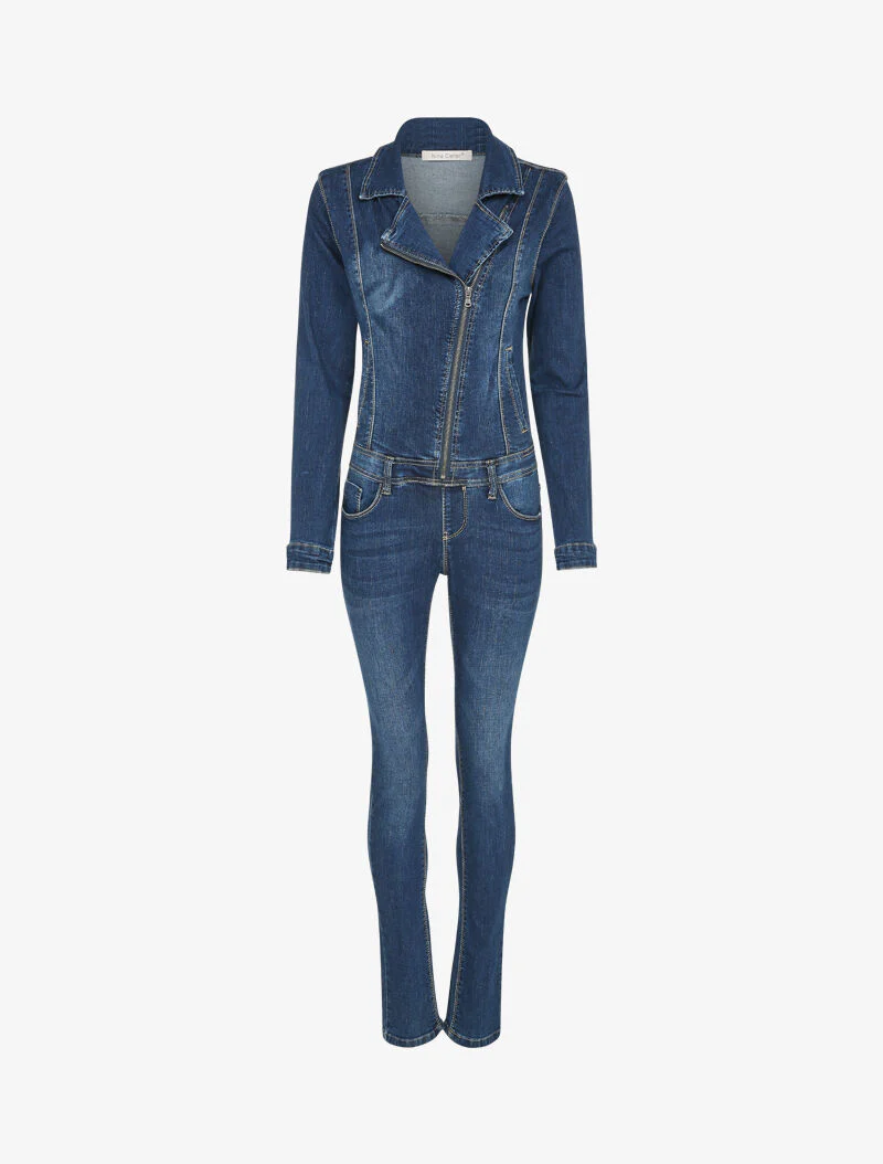 Combinaison en jean légèrement délavé à col zippé - Bleu denim