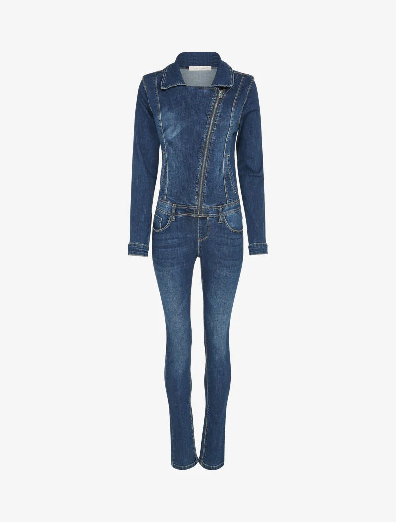 Combinaison en jean légèrement délavé à col zippé - Bleu denim - Image 2