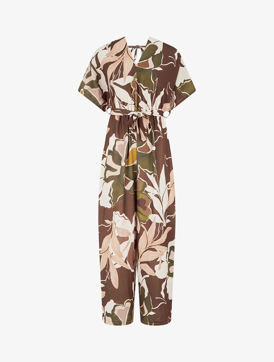 Combinaison imprimé floral à taille élastiquée - Marron
