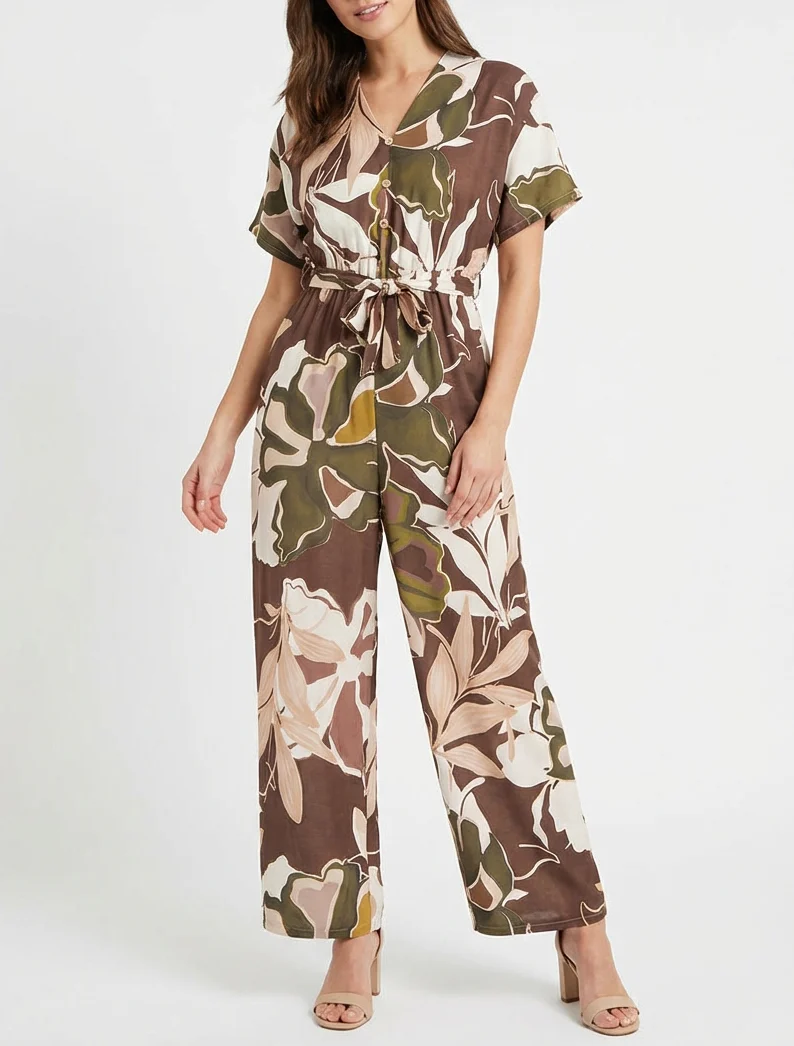 Combinaison imprimé floral à taille élastiquée - Marron - Image 4